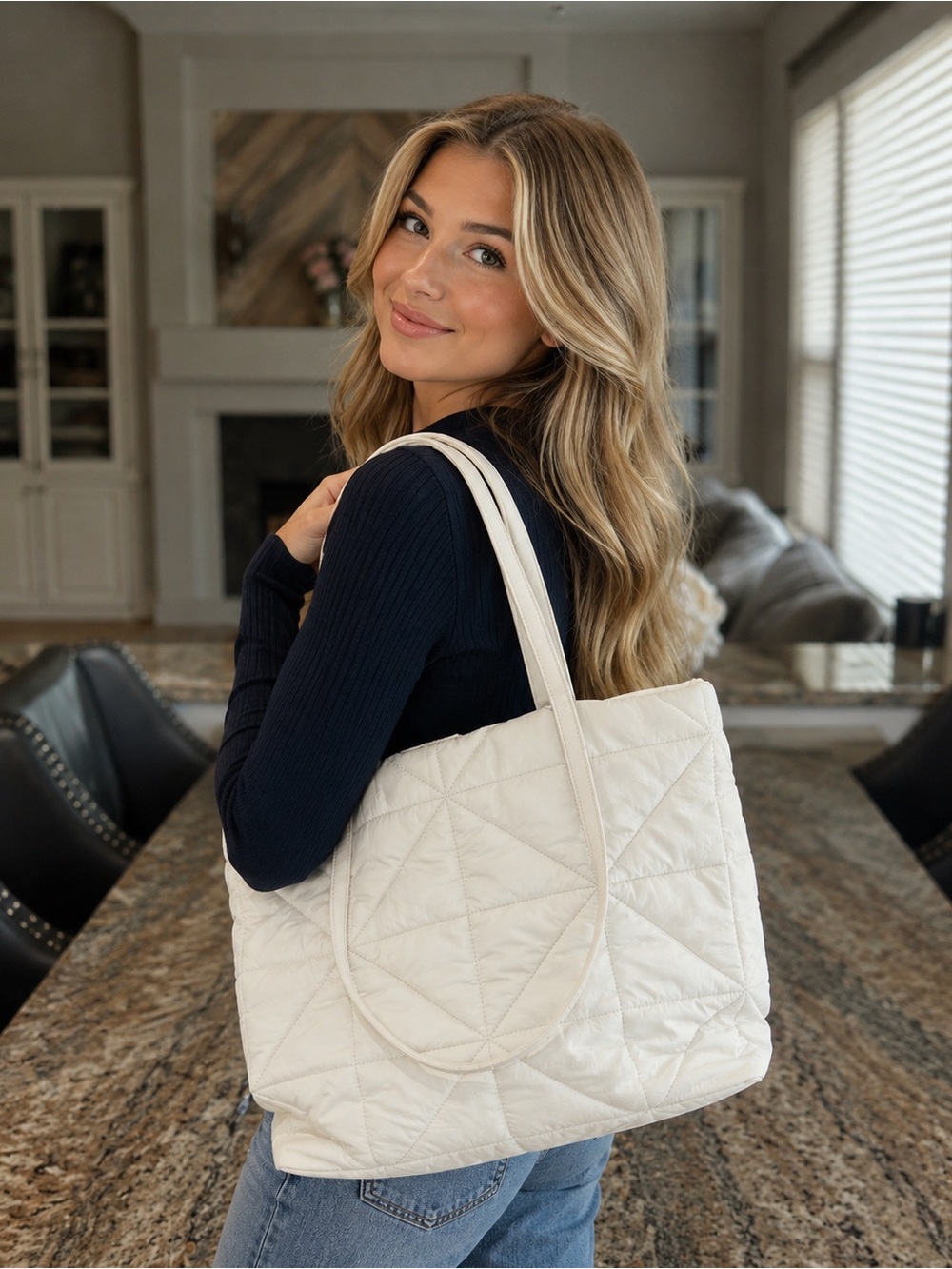 A New Day Off White Quilted Puffer Tote Bag Large Carryall 18x12x6